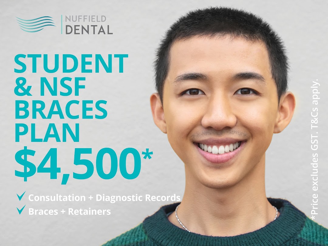 A promotional image for Nuffield Dental's student and NSF braces plan, featuring a smiling man.