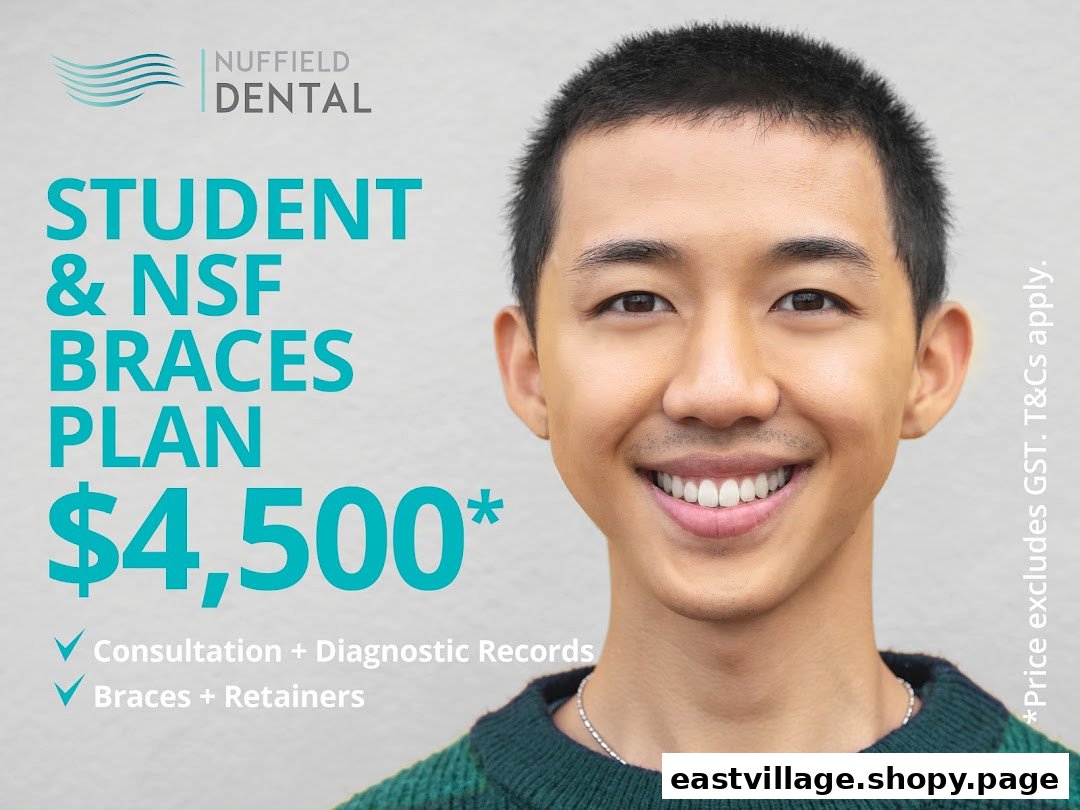 A promotional image for Nuffield Dental's student and NSF braces plan, featuring a smiling man.
