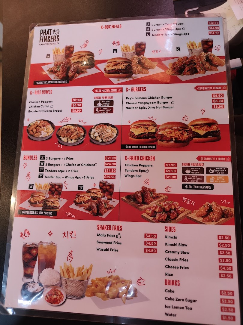 A detailed menu board for Phat Fingers Korean Fried Chicken & Burgers, showcasing various meals and prices.