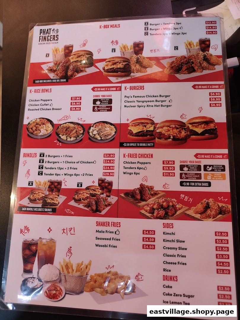 A detailed menu board for Phat Fingers Korean Fried Chicken & Burgers, showcasing various meals and prices.