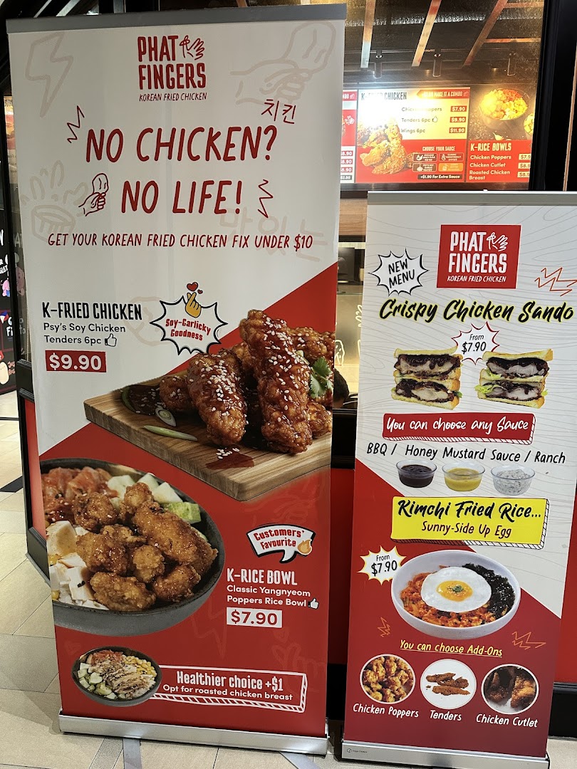 Two promotional banners for Phat Fingers Korean Fried Chicken, showcasing various menu items and prices.