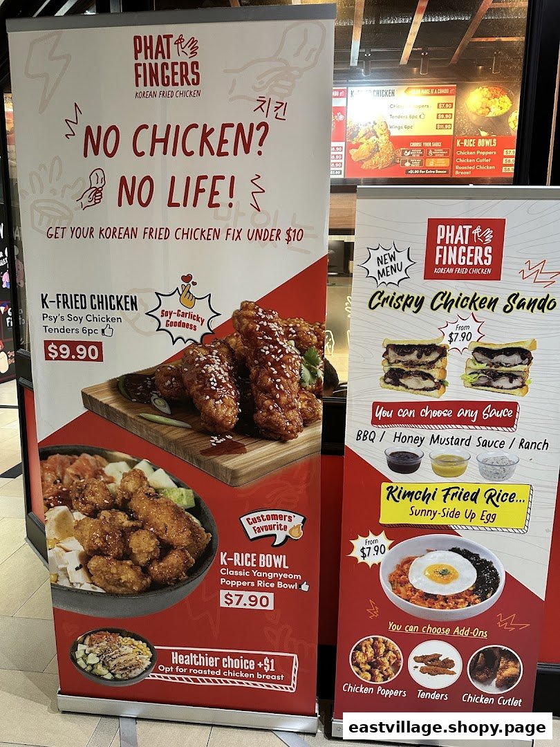 Two promotional banners for Phat Fingers Korean Fried Chicken, showcasing various menu items and prices.