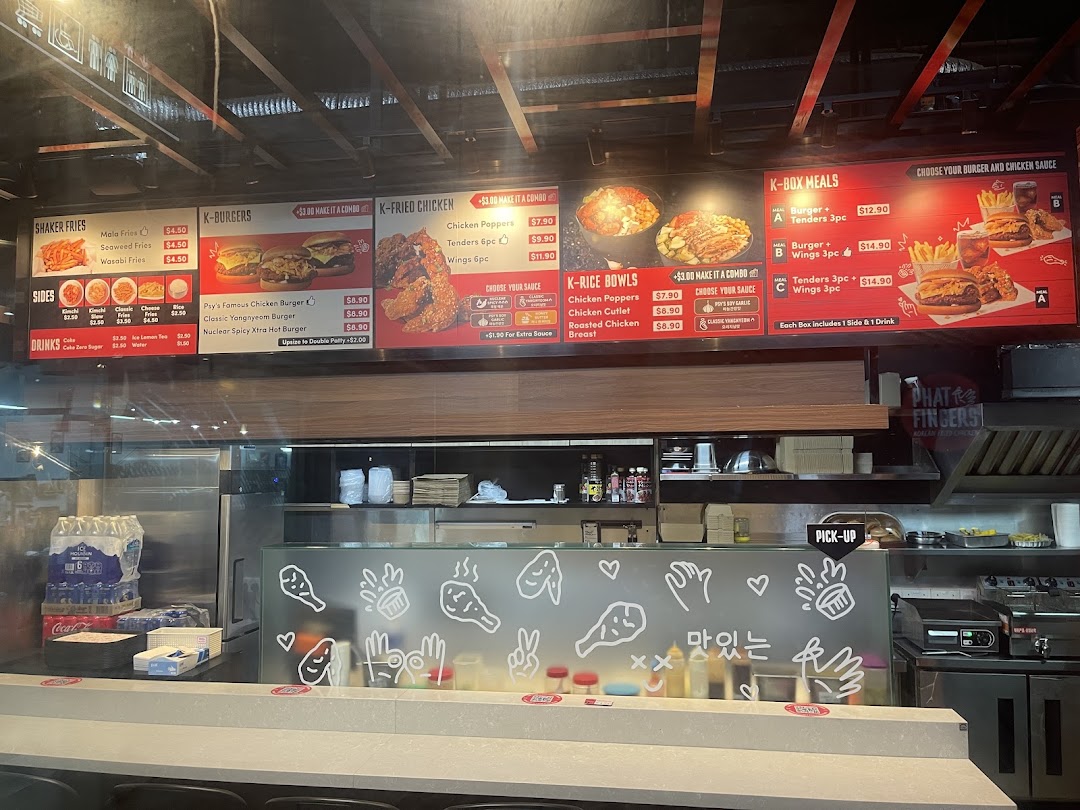 Digital menu board of Phat Fingers Korean Fried Chicken & Burgers, showcasing various food and drink options.