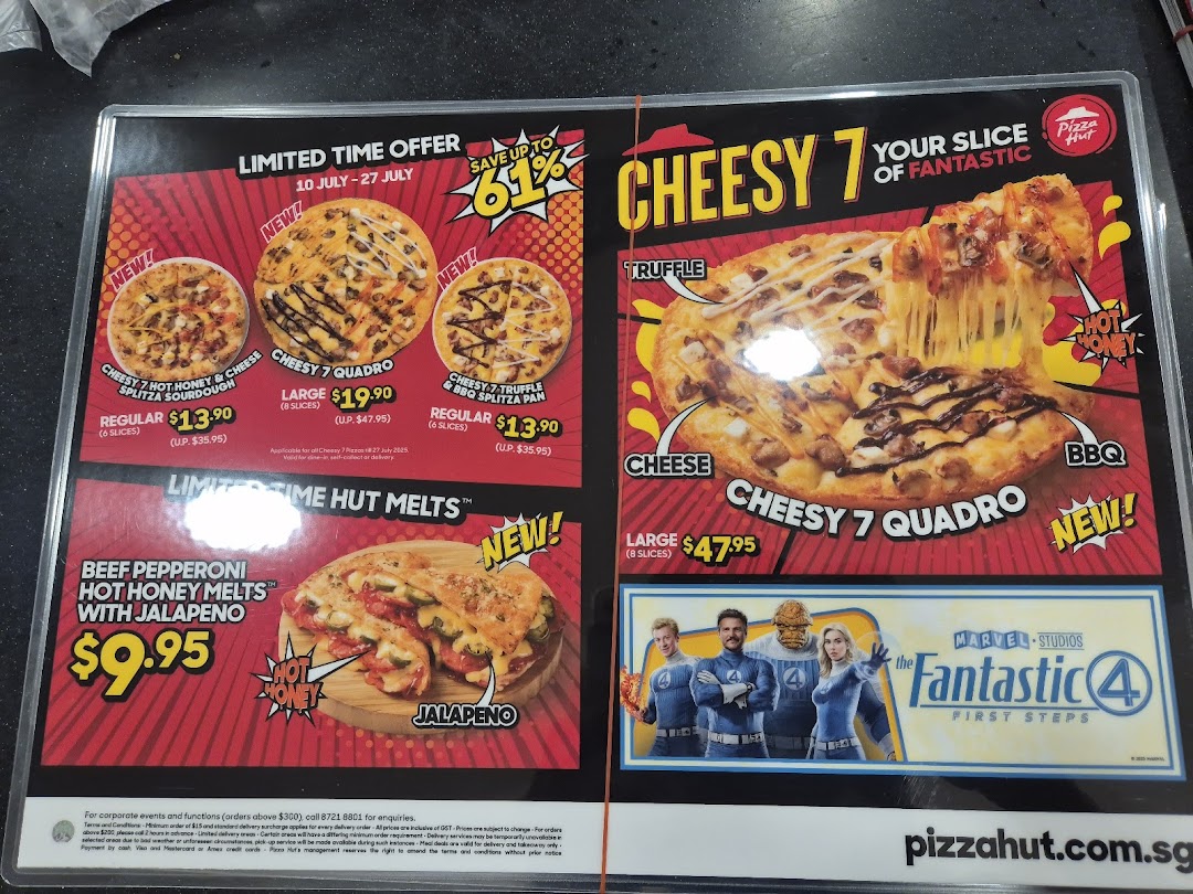 A close-up of a Pizza Hut menu board displaying limited-time offers, new pizzas, and Hut Melts.