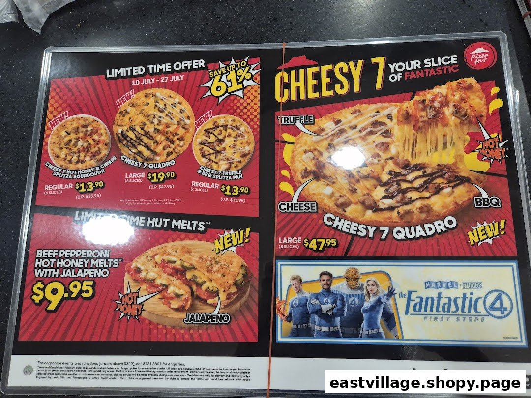 A close-up of a Pizza Hut menu board displaying limited-time offers, new pizzas, and Hut Melts.