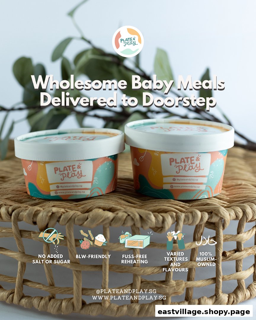 Two containers of Plate & Play baby meals on a woven basket, highlighting product benefits.