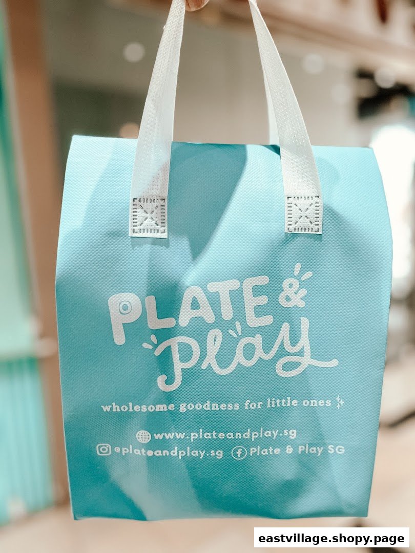 A turquoise shopping bag from Plate & Play, featuring its logo and tagline 'wholesome goodness for little ones'.