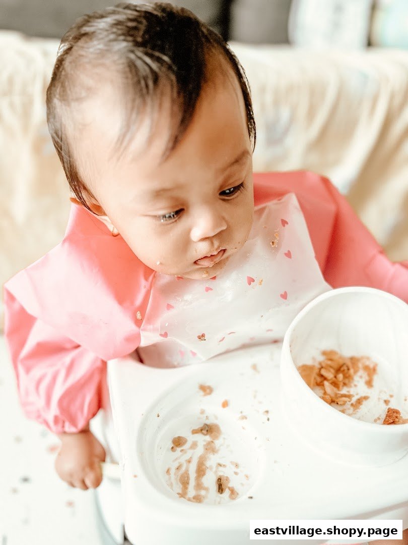 A baby in a high chair with a messy tray after eating, wearing a pink bib.