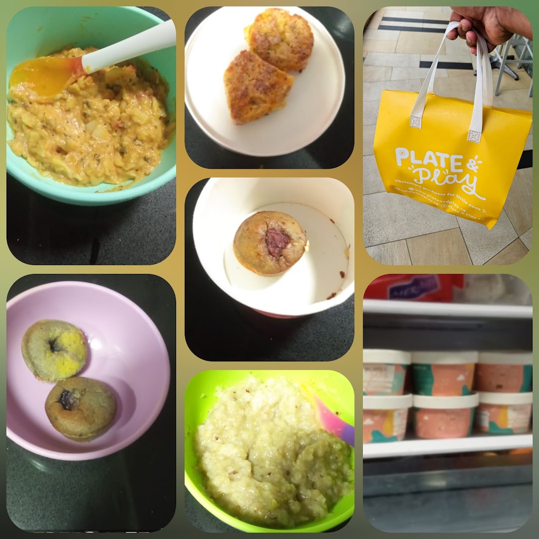 A collage showcasing various wholesome food items for children and a Plate & Play shopping bag.