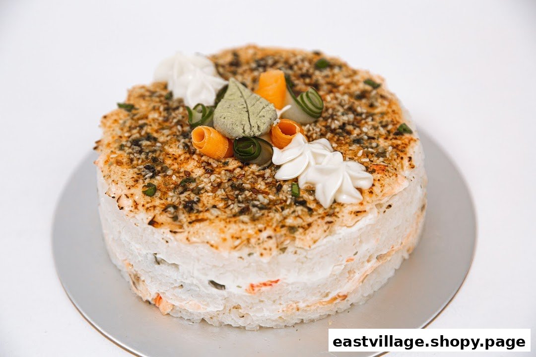 A beautifully decorated savory rice cake or sushi cake with various toppings and garnishes.