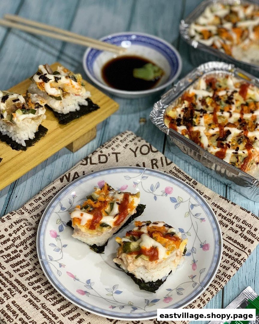 A vibrant display of RaisuGood's delicious baked sushi and rice dishes, ready to be enjoyed.