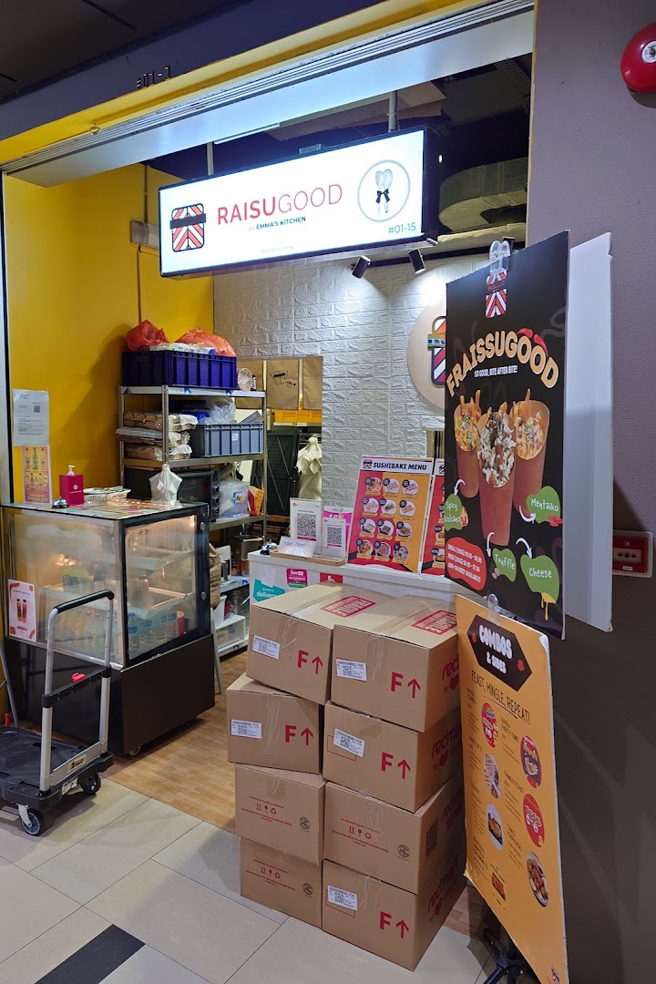 The storefront of RaisuGood by Emma's Kitchen, featuring signage and promotional displays.