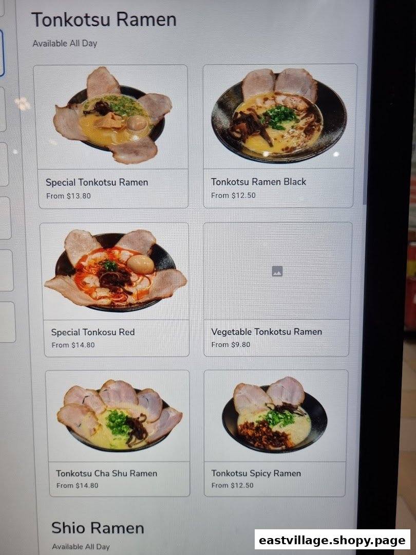 A digital menu displaying various Tonkotsu ramen dishes with their prices and images.