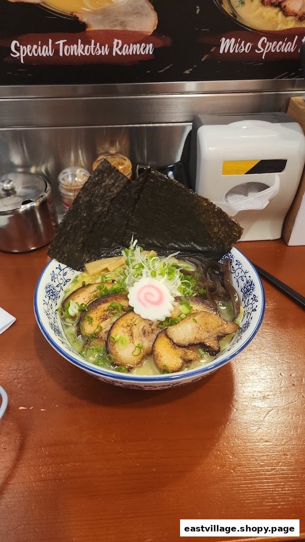 A close-up of a delicious bowl of ramen with pork, seaweed, and narutomaki on a wooden table.