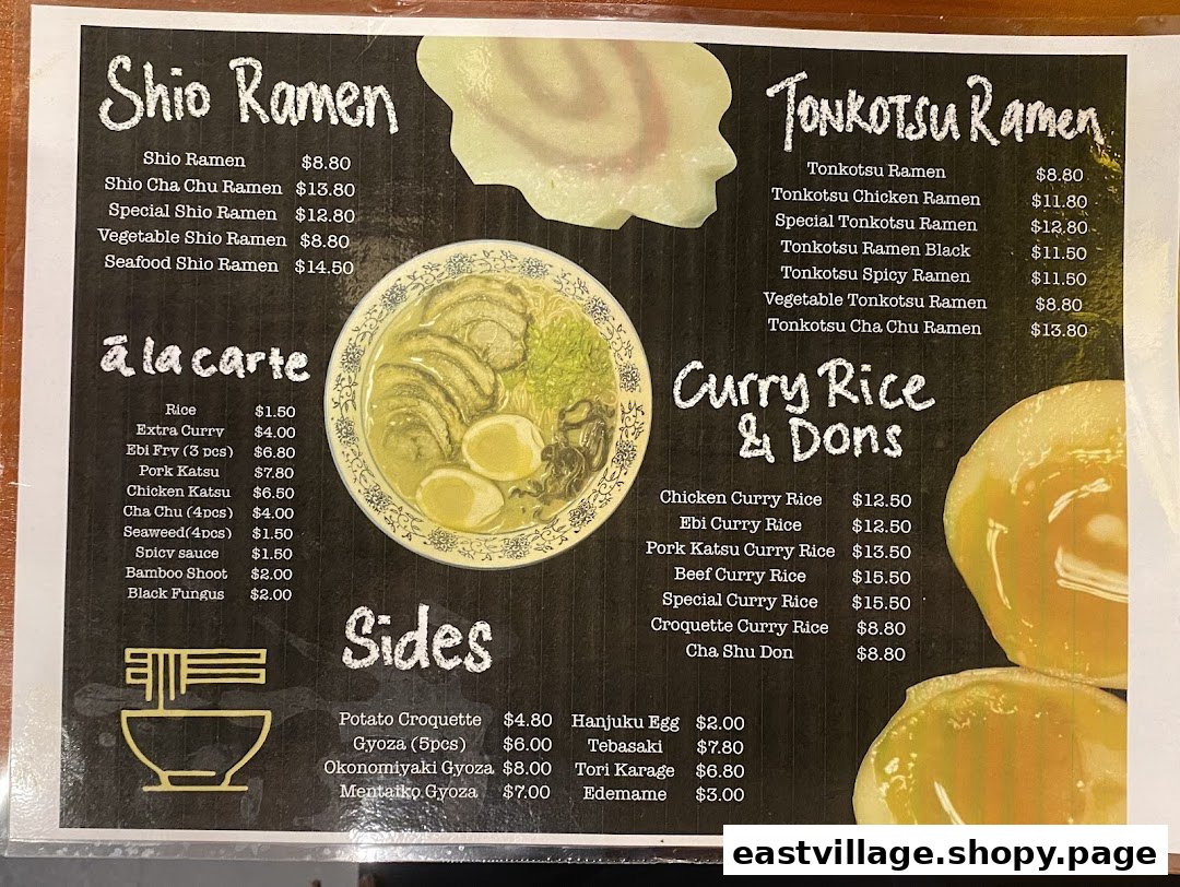 A detailed menu from Ramen-ya, showcasing various ramen, curry rice, and side dishes.