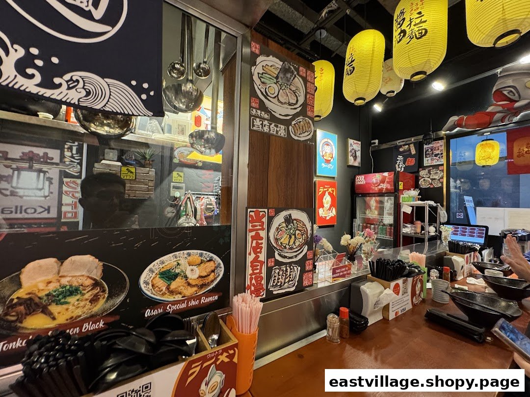 An inviting interior view of Ramen-ya, featuring counter seating, traditional decor, and food displays.