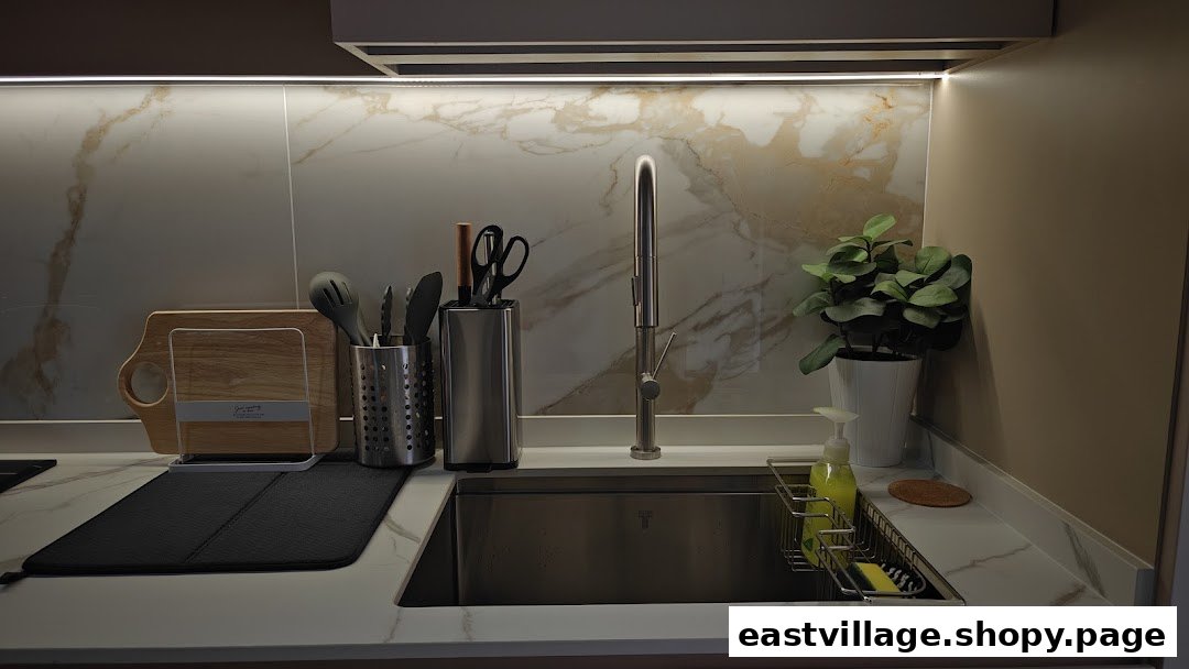 A modern kitchen sink area with marble backsplash, kitchen tools, and a decorative plant.