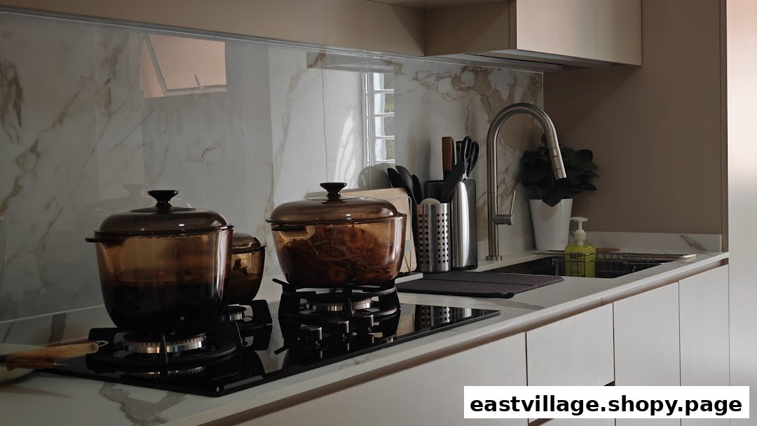 A modern kitchen counter featuring a stove with glass pots, a sink, and kitchen utensils.