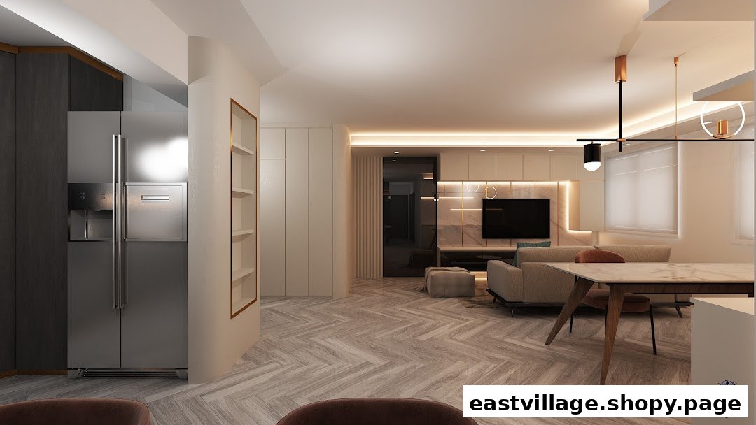 A modern, well-lit interior design showcasing a living, dining, and kitchen area with elegant finishes.