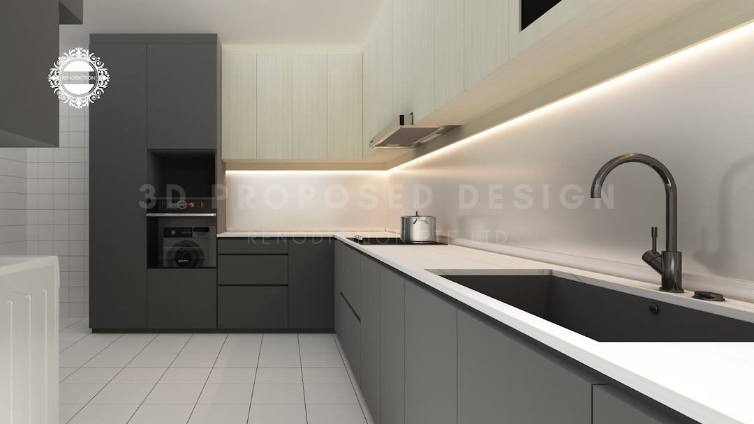 A 3D rendering of a modern kitchen featuring sleek grey cabinetry, white countertops, and integrated appliances.