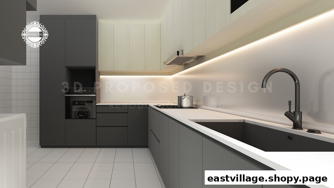 A 3D rendering of a modern kitchen featuring sleek grey cabinetry, white countertops, and integrated appliances.