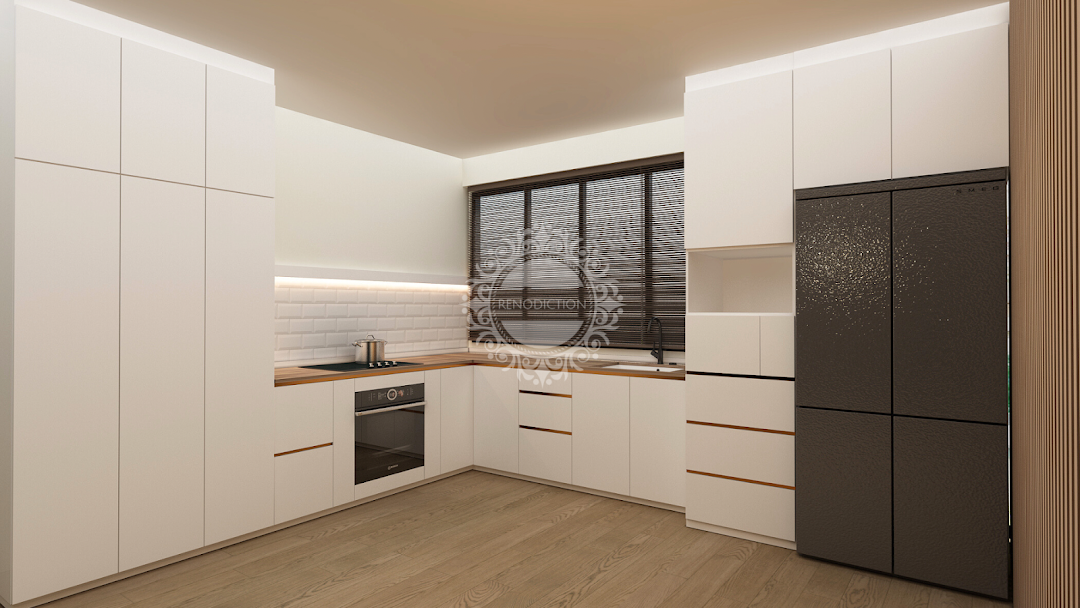 A modern kitchen interior featuring white cabinetry, wooden countertops, and integrated appliances.