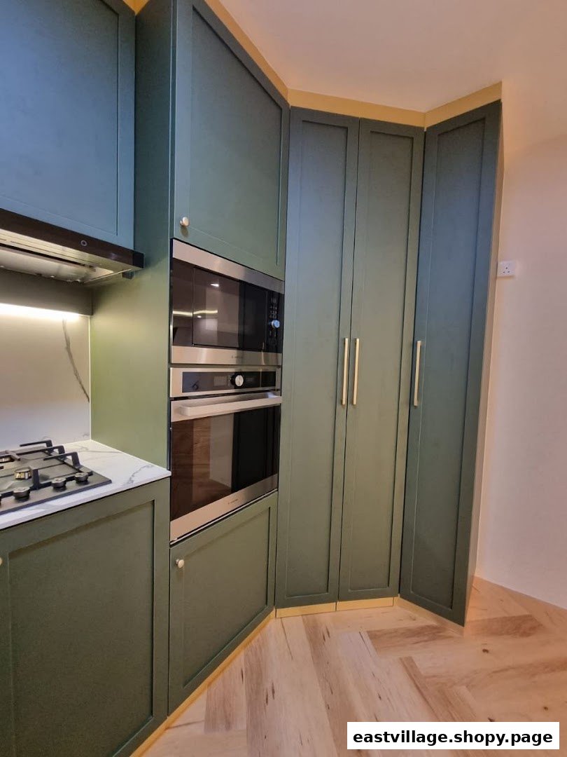 A modern kitchen featuring dark green cabinetry, integrated appliances, and light wooden herringbone flooring.