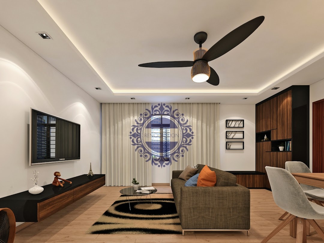 A modern living room interior featuring a sofa, TV, dining area, and stylish lighting.