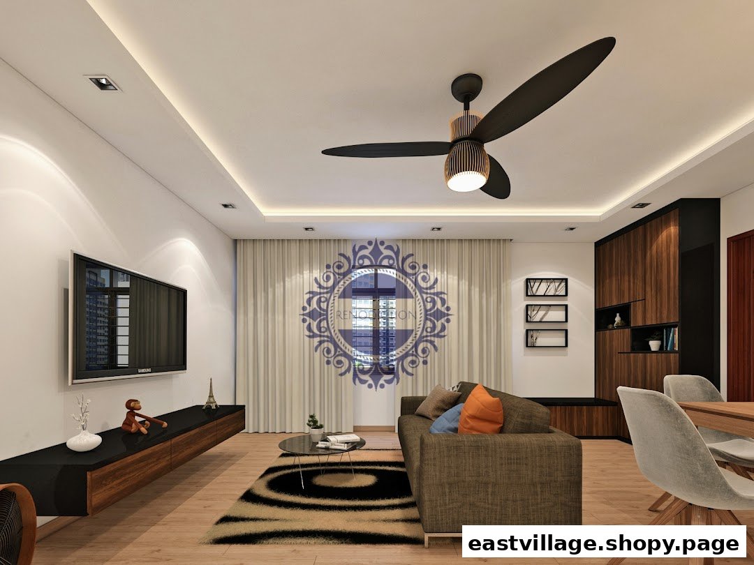 A modern living room interior featuring a sofa, TV, dining area, and stylish lighting.