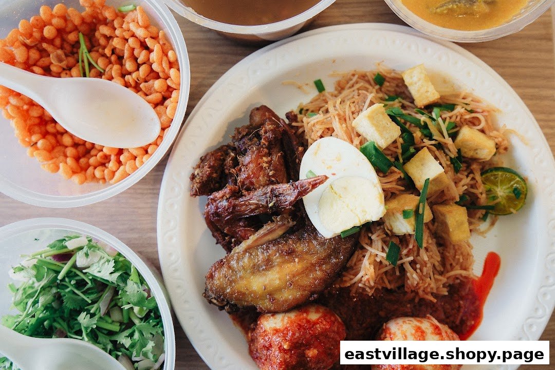 A close-up overhead shot of a delicious meal featuring noodles, fried chicken, eggs, and various side dishes.