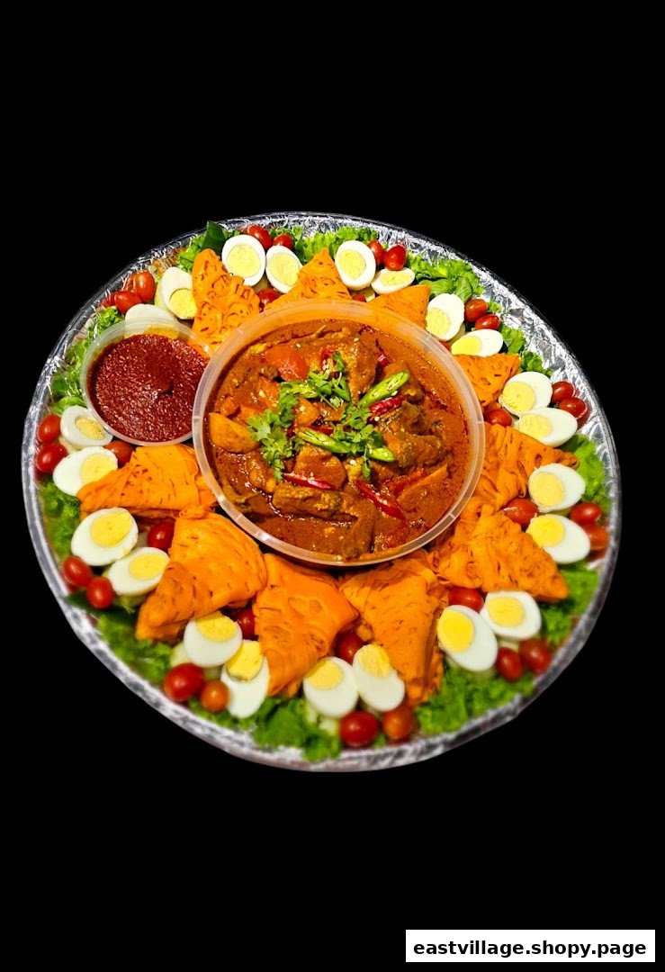 A vibrant food platter featuring a central curry, surrounded by savory pastries, boiled eggs, cherry tomatoes, and fresh lettuce.