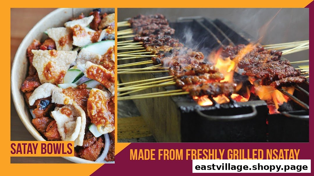 A vibrant image showcasing delicious satay bowls and skewers grilling over an open flame.