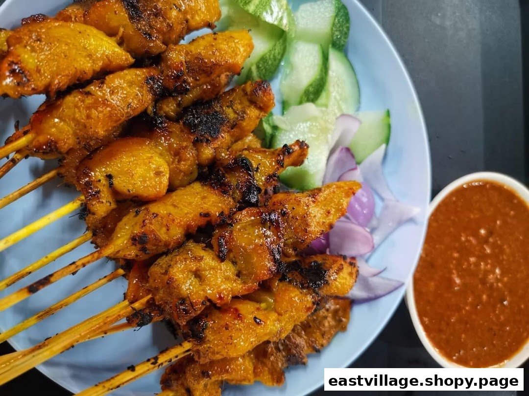 A plate of grilled satay skewers with peanut sauce, cucumber, and red onion.