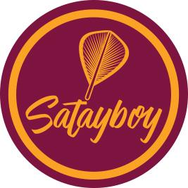 A circular logo for Satayboy featuring a feather-like design and the brand name.