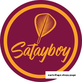 A circular logo for Satayboy featuring a feather-like design and the brand name.
