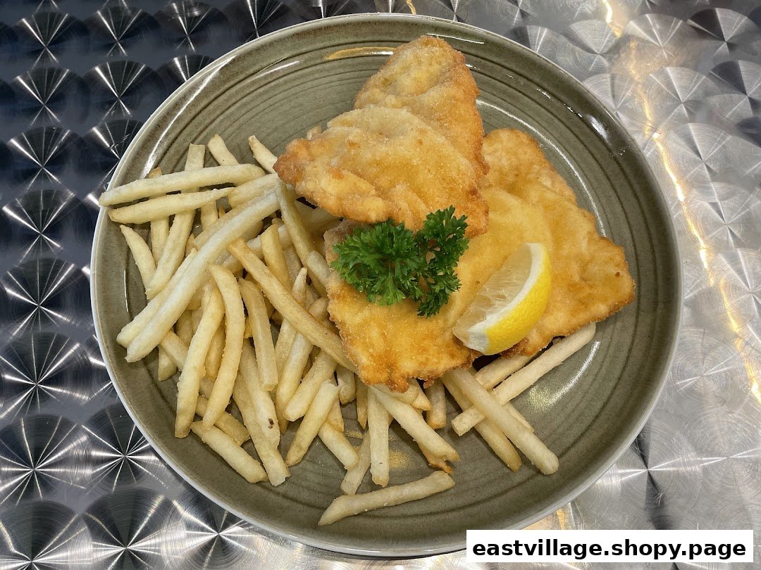 Golden fried schnitzel served with crispy fries, fresh parsley, and a lemon wedge.