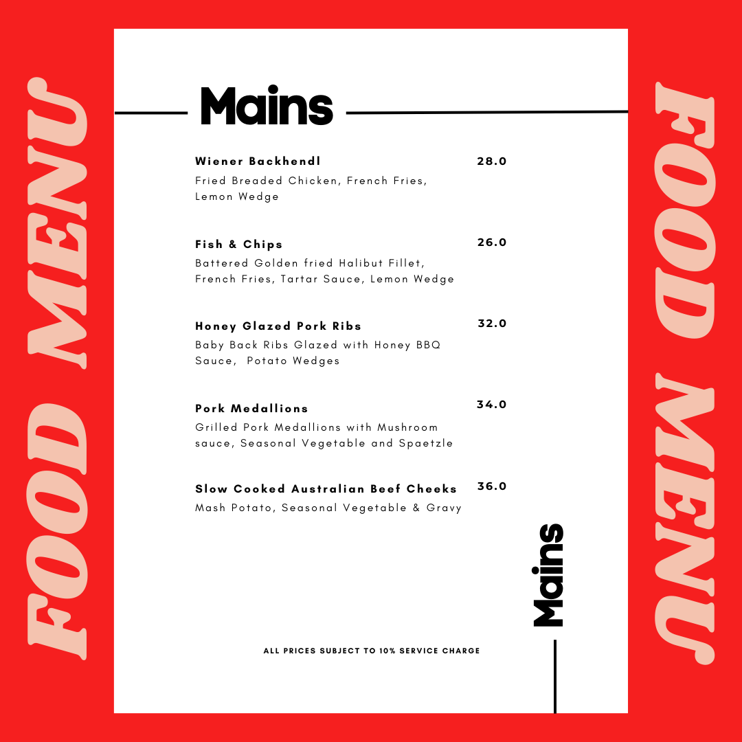 A vibrant red and white menu displaying the 'Mains' section with various dishes and prices.