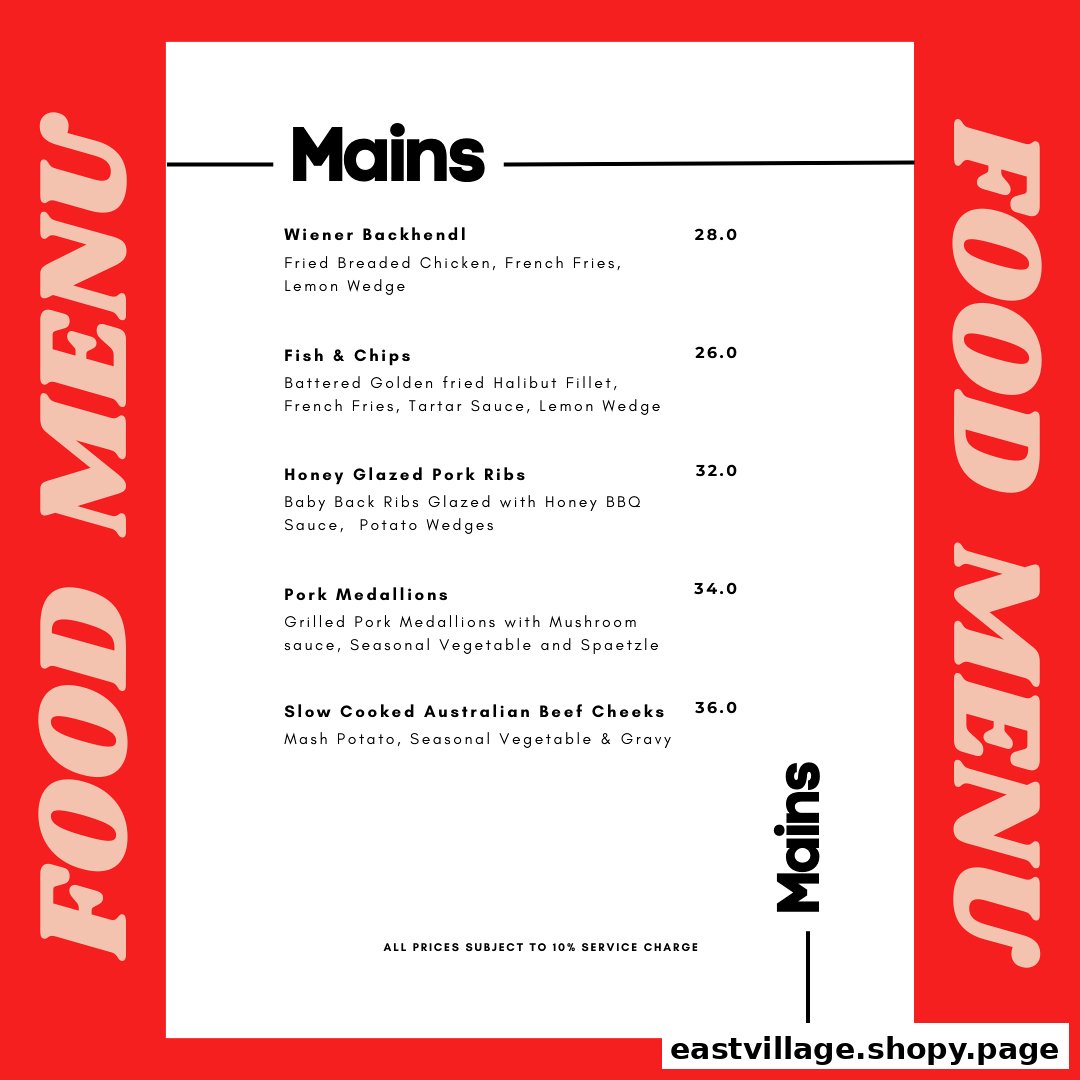 A vibrant red and white menu displaying the 'Mains' section with various dishes and prices.