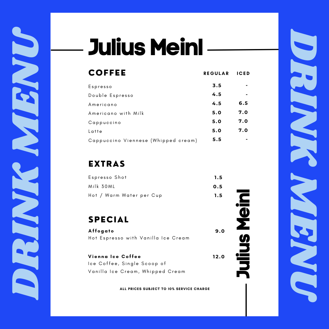 A vibrant blue and white drink menu from Julius Meinl, featuring coffee, extras, and special beverages.