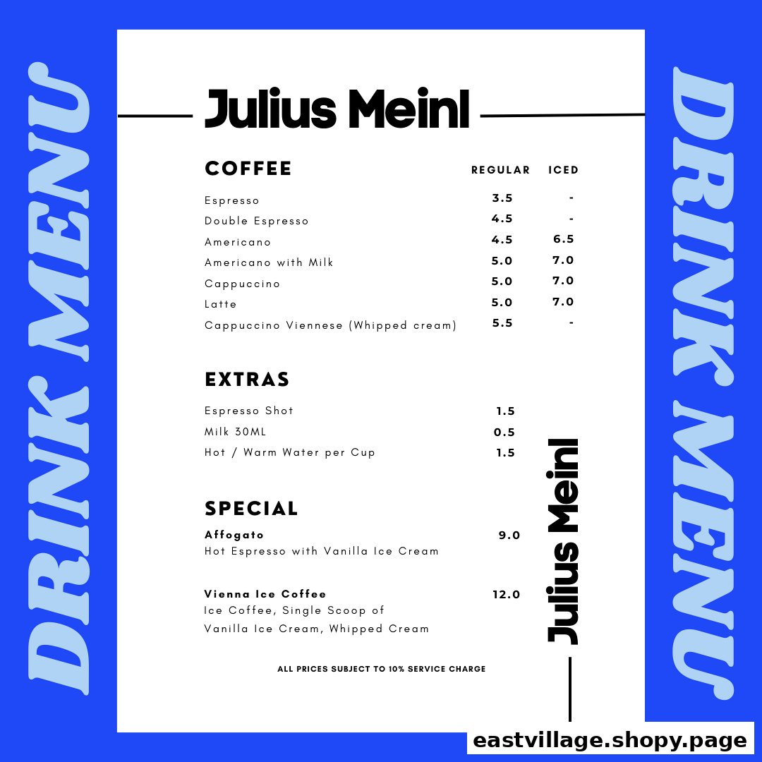 A vibrant blue and white drink menu from Julius Meinl, featuring coffee, extras, and special beverages.