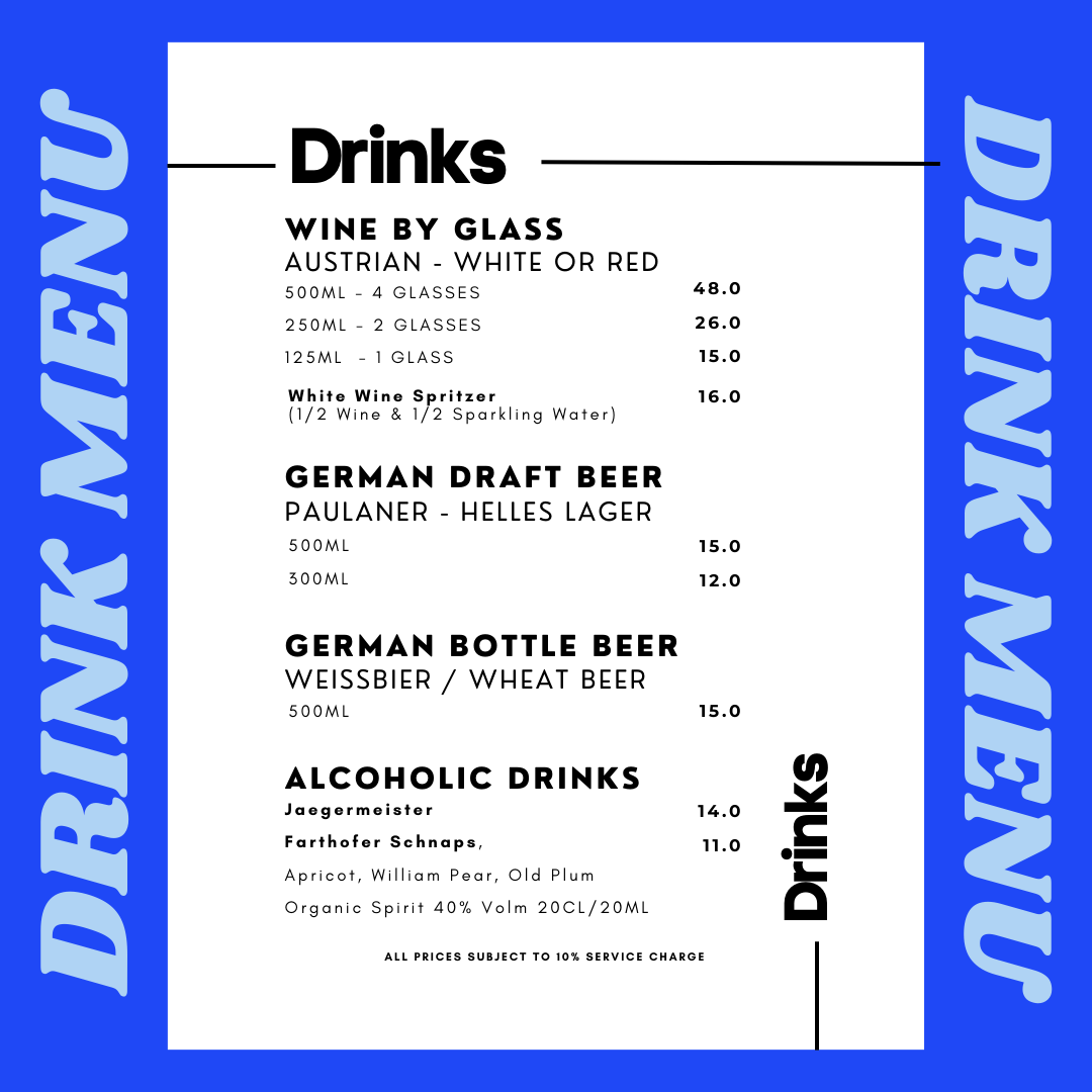 A detailed drink menu featuring wines, beers, and spirits from Schnitzel Haus.