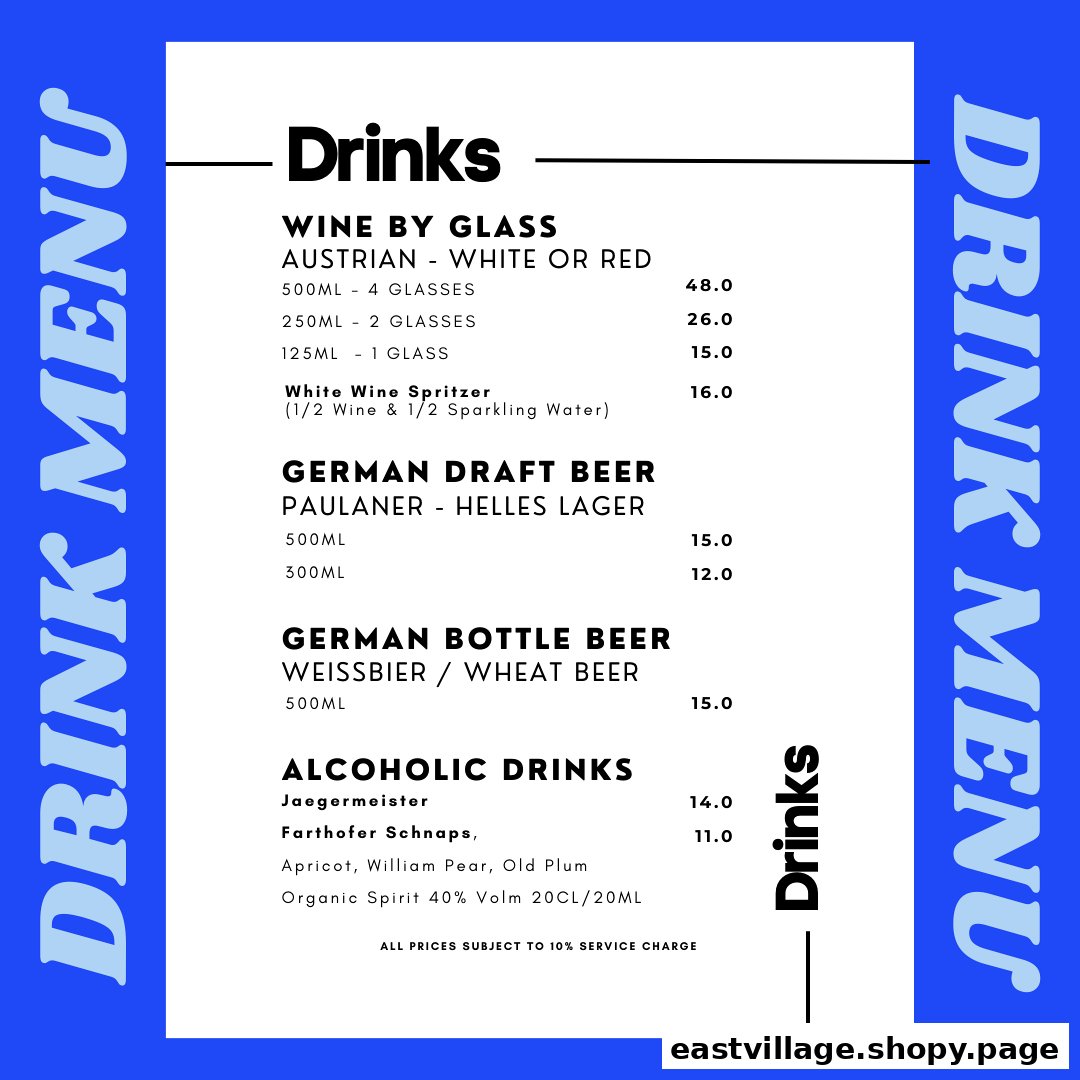 A detailed drink menu featuring wines, beers, and spirits from Schnitzel Haus.