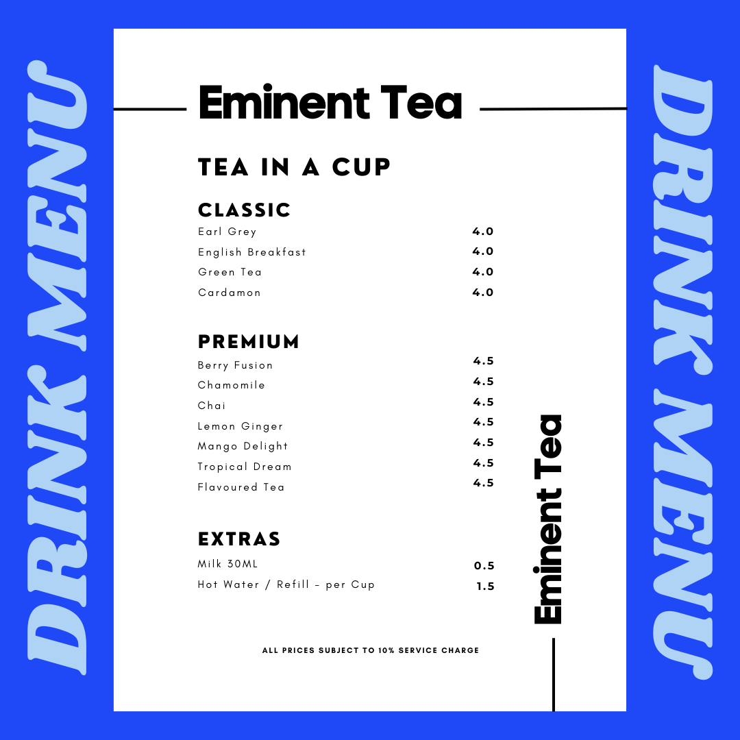 A blue and white menu displaying classic, premium, and extra tea options with prices.
