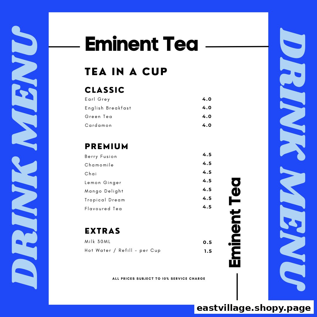 A blue and white menu displaying classic, premium, and extra tea options with prices.