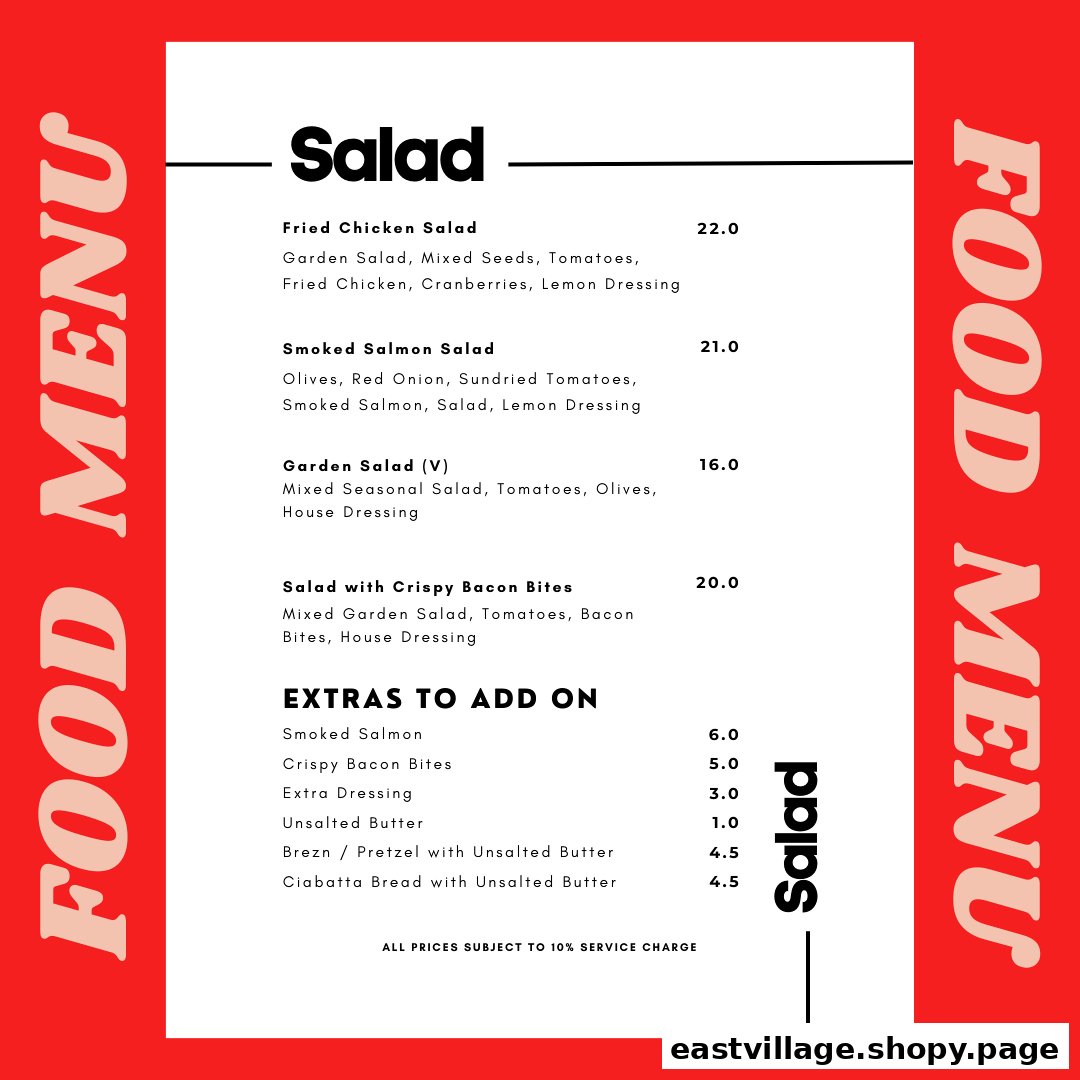A vibrant red and white menu displaying various salad options and add-ons with prices.