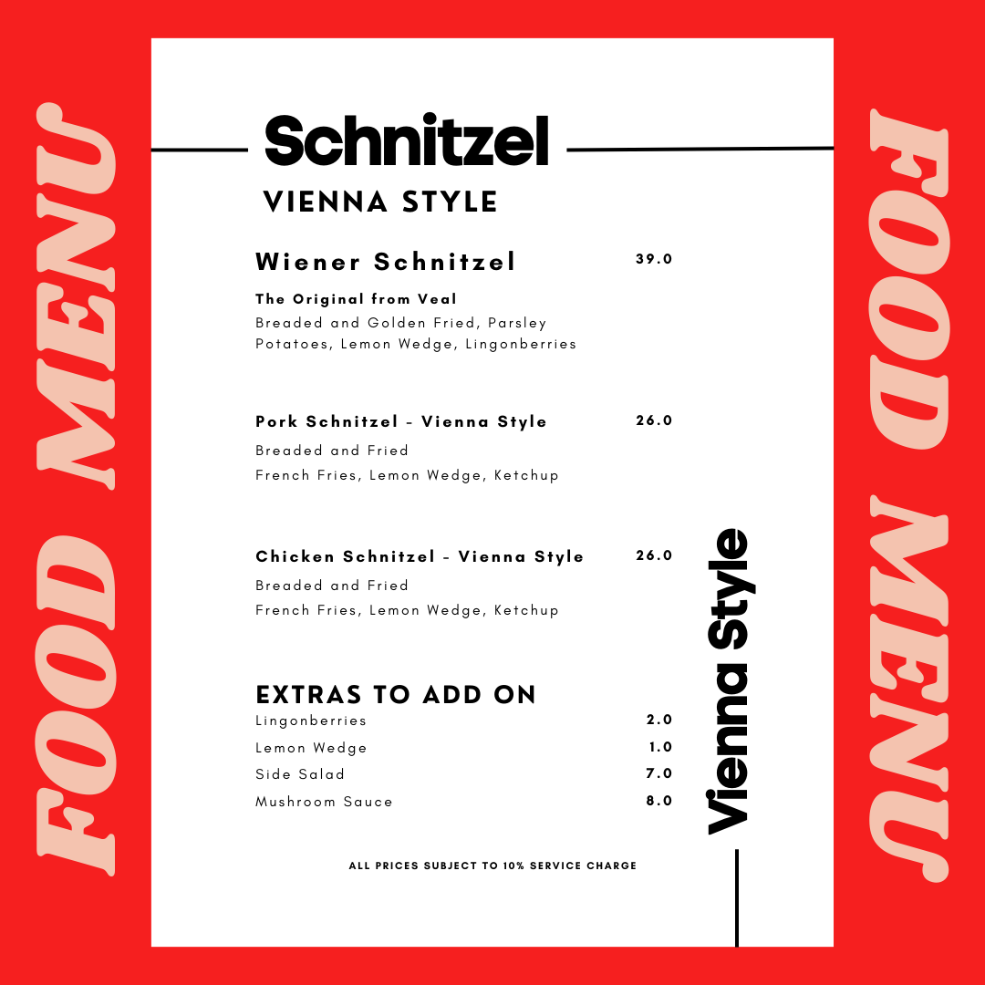 A vibrant red and white menu displaying classic Viennese schnitzel and add-on options.