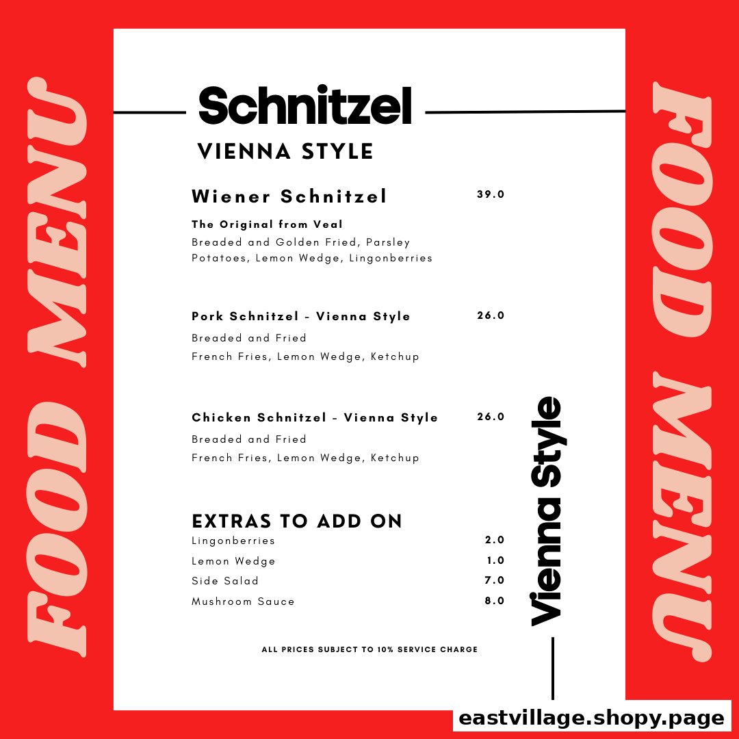 A vibrant red and white menu displaying classic Viennese schnitzel and add-on options.