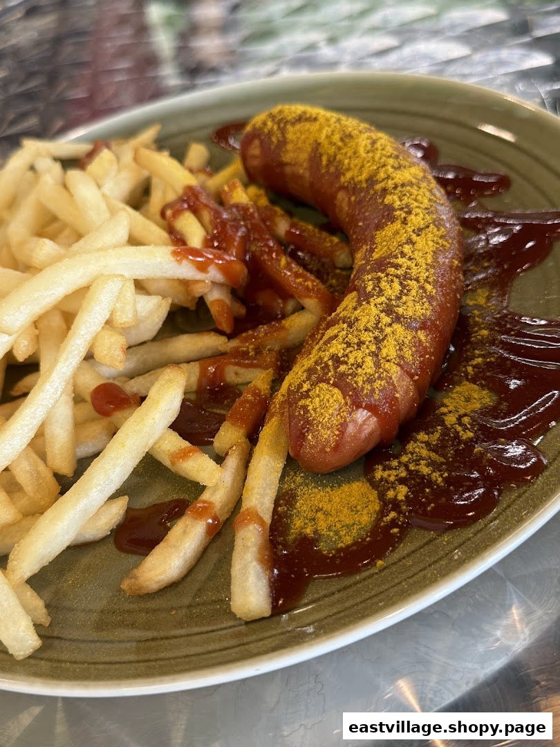 A plate of classic currywurst with golden fries, ketchup, and a generous dusting of curry powder.