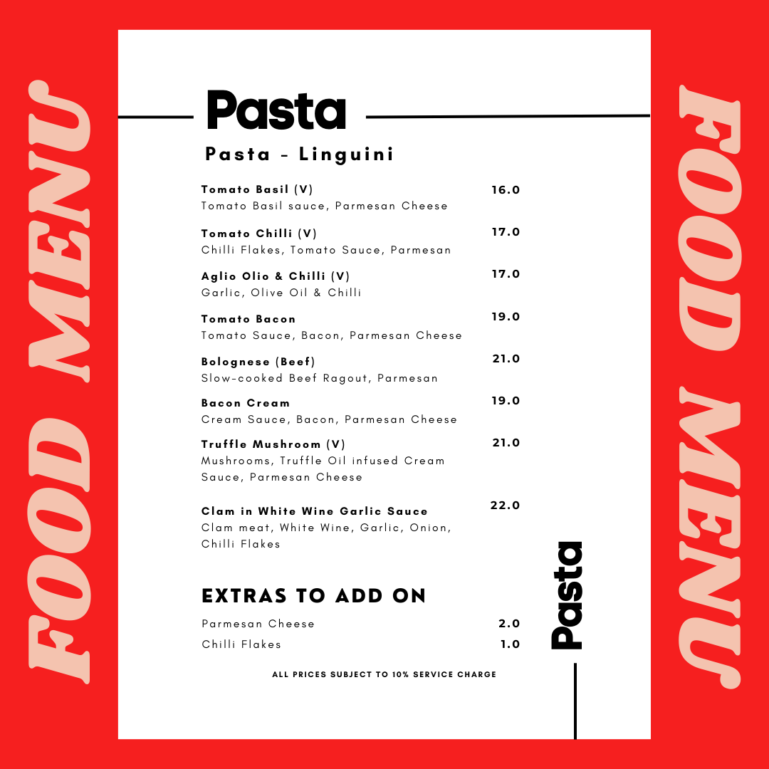 A vibrant red and white menu displaying a selection of pasta dishes and add-ons.