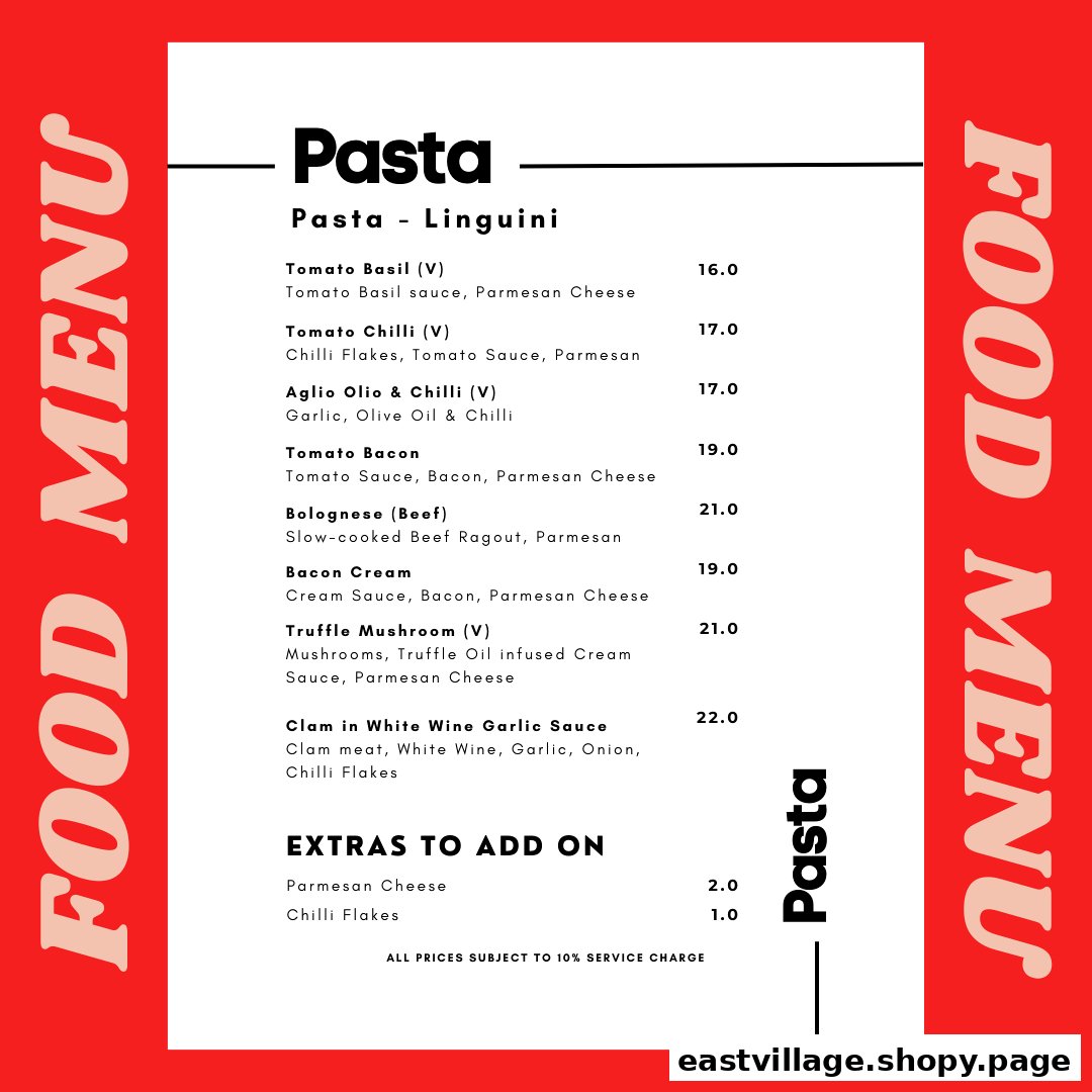 A vibrant red and white menu displaying a selection of pasta dishes and add-ons.